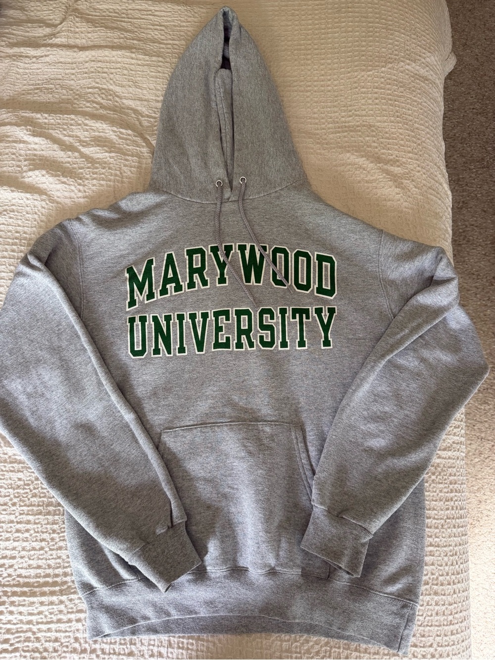 Champion Gray Hooded Sweatshirt with Green Marywood University Lettering